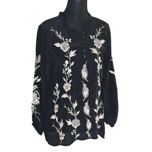 Johnny Was Workshop Calypso Silk Embroidered Blouse Black Peacock Floral NWT